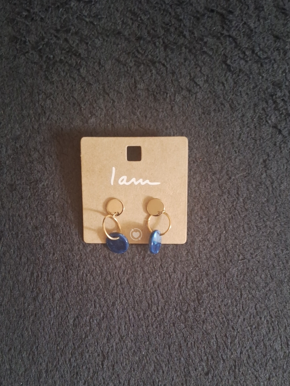 I AM Gold Hoop Earrings with Blue Stone Drop